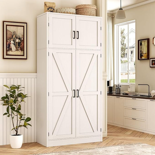 Unikito 71” Tall Kitchen Pantry Storage Cabinet with Adjustable Shelves | Large Farmhouse Storage Cupboard, Barn Doors, Sturdy and Deep, Versatile for Dinning Room, Bathroom, Living Room, White