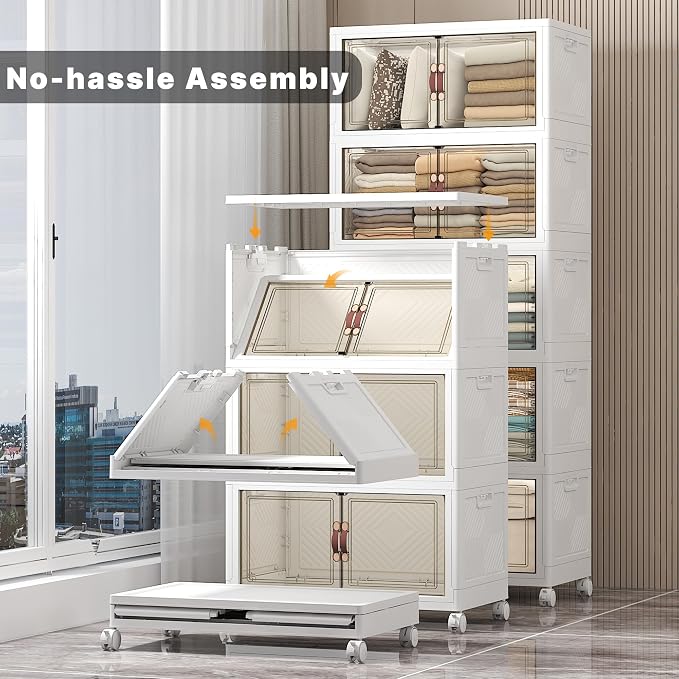 UAMFURI Stackable Storage Bins, 560QT Collapsible Drawers with 1 Lid | Large Capacity, Magnetic Door, Stack Lock, Rolling Wheels, Foldable Design, Organizers and Storage for Bedroom Dorm Garage