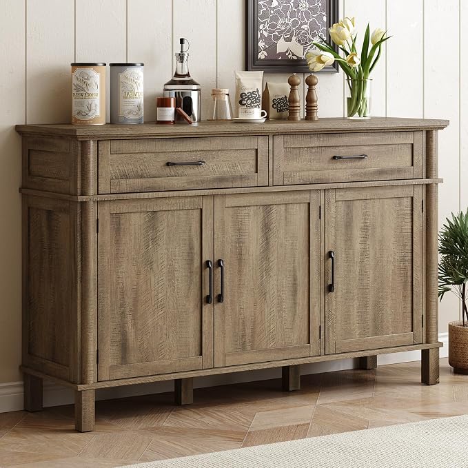 55 Inch Buffet Cabinet with Storage, Farmhouse Sideboard Buffet w/2 Drawers and 3 Doors, Coffee Bar Cabinet with Adjustable Shelves, Sideboard Storage for Kitchen, Living Room, Washed Grey