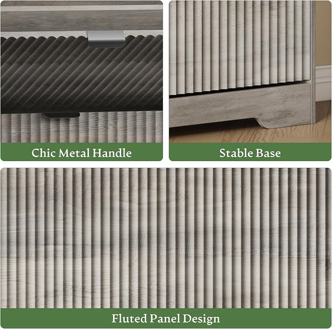 Xixini Shoe Storage Cabinet for Entryway with 3 Flip Drawers, Hidden Slim Wood Shoe Organizer with Modern Fluted Panel, Freestanding Narrow Shoe Rack for Front Door Entrance, Hallway, Foyer, Grey
