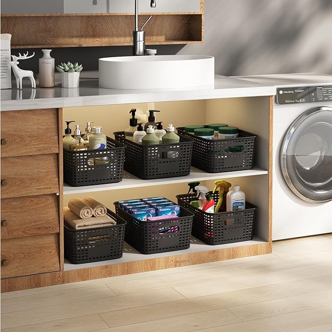 ORGIDOL Plastic Storage Basket with Lids 10 Pack Stackable Black Storage Bins Containers with Lid, Decorative Storage Boxes for Organizing Shelves, Drawers, Playroom, Classroom, Office, Closet