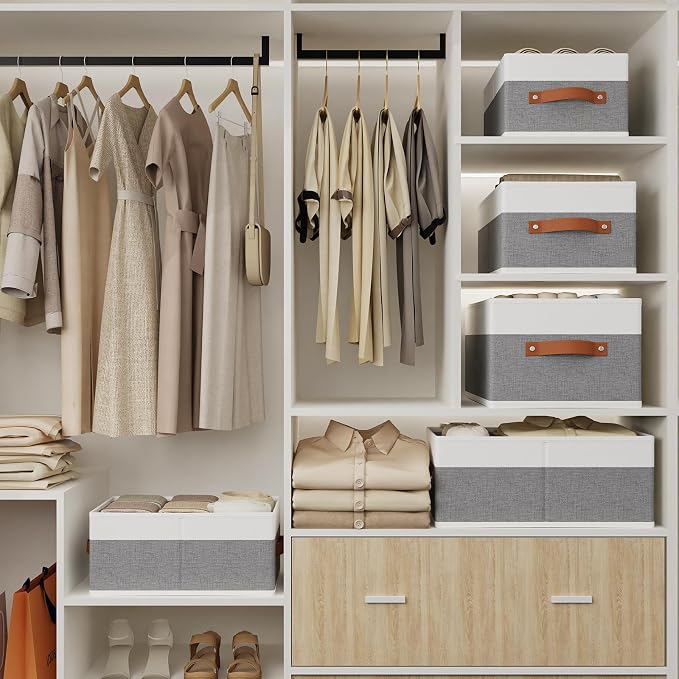 Fabric Storage Boxes,16.1×9.8×6.5In,White/Grey Bins,6Pack | Storage Baskets with Handles,Collapsible Clothing Bins,Fabric Drawers,Closet Organizer for Shelves Wardrobe