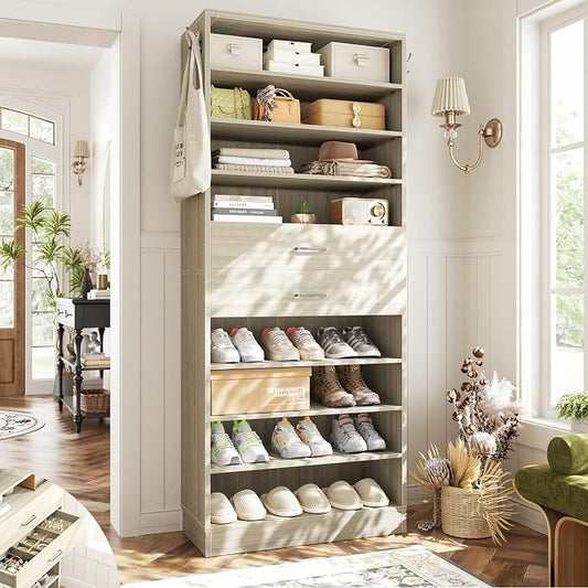 Aheaplus Tall Shoe Cabinet, 10 Tiers Wood Shoe Rack, Vertical Shoe Storage Organizer with 2 Drawers, Narrow Shoe Shelf Tower for 24-28 Pairs, Space Saving, for Closet, Entryway, Bedroom, White Oak