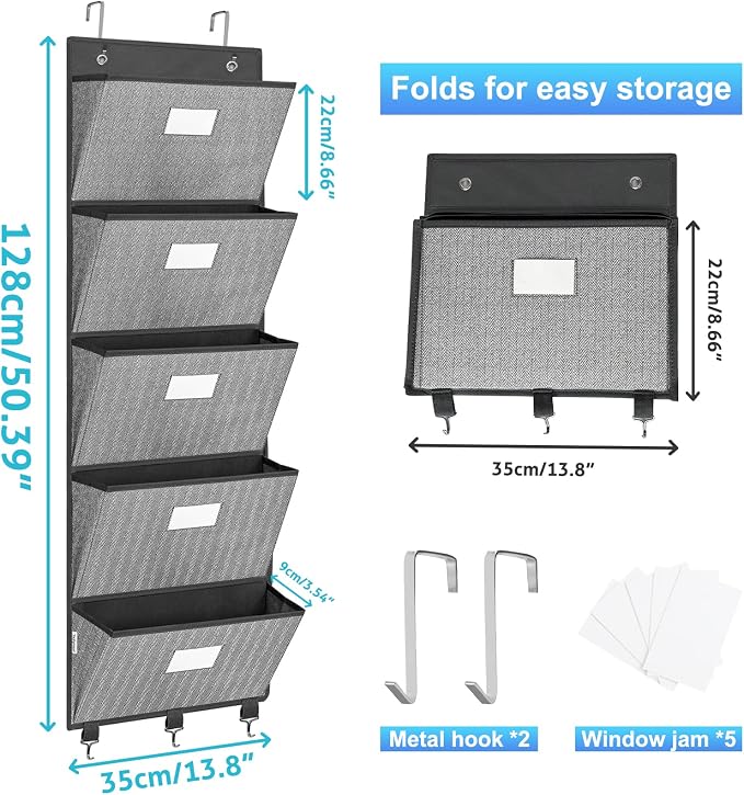 Over the Door File Organizer, Hanging File Folders, Wall Organizers and Storage for Mail, Magazine, Notebooks, Planners, Office, Classroom, 5 Extra Large Pockets, 50.39” Tall (Grey with Herringbone)