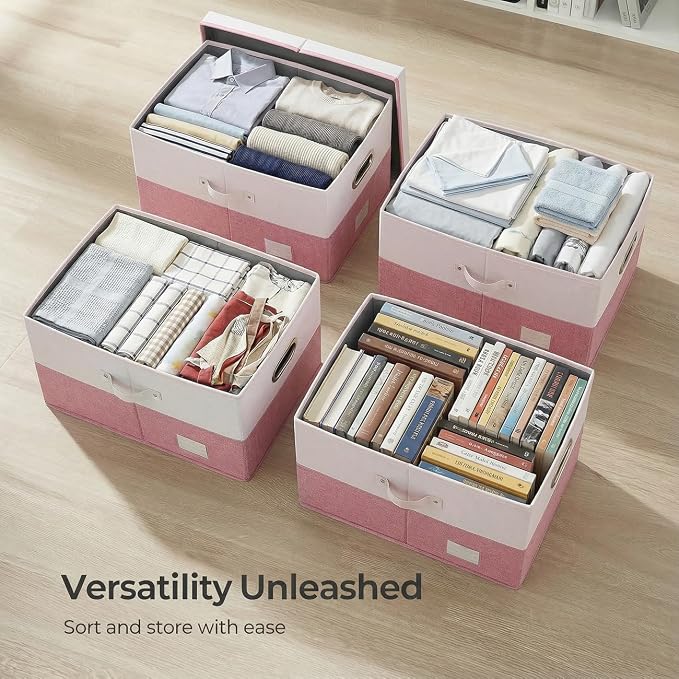 PRANDOM Storage Bins with Lids [3-Pack] Linen Fabric Foldable Storage Boxes Organizer Containers Baskets Cube with Cover for Bedroom Closet Office White&Pink (23.4X15.9X11.4)