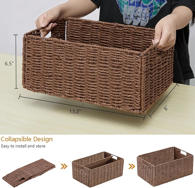 Vagusicc Wicker Storage Basket, Set of 2 Hand-Woven Paper Rope Wicker Basket, Small Storage Baskets for Organizing Toilet Paper, Foldable Large Cube Storage Organizer Bins for Shelves (Brown)