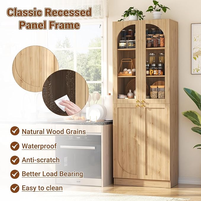 Cyclysio 80" Kitchen Pantry, Tall Arch Storage Cabinet with Tempered Glass & Soft Close Doors, Freestanding Wood Floor Cupboard Bookcase with Seamless Fit Wall for Dining Room, Living Room, Bathroom