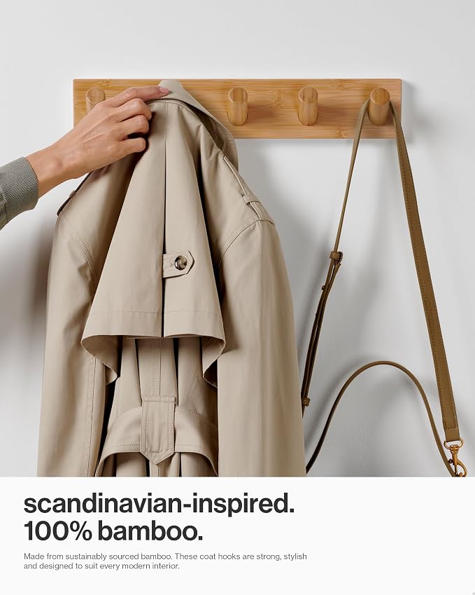 LARHN Wall Mounted Coat Rack with 5 Heavy-Duty 1" Diameter Hooks, 16.5" | Wooden Wall Hook Rack - Modern Scandinavian Home Decor
