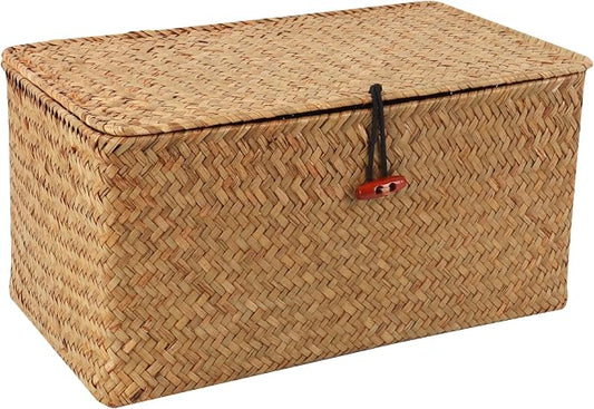 Moosky Wicker Shelf Baskets with Lid,Natural Seagrass Storage Basket Boxes Handwoven Rectangular Baskets Bins Multipurpose Home Organizer Decor (Medium)