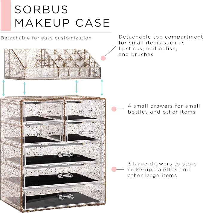 Sorbus Acrylic Makeup Organizer Set, 7-Drawer Vanity & Countertop Cosmetic Storage with Small & Wide Compartments, Glitter Makeup Storage for Brushes, Jewelry – Holiday Gift for Women & Teens