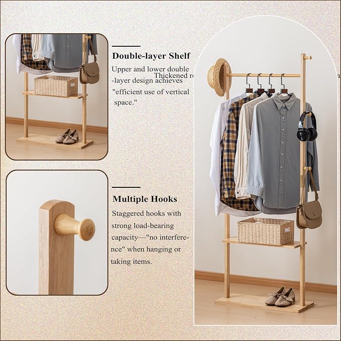 SOBIBO Wood Coat Rack Freestanding with Shelves & Hooks, 15.75inch, Natural | Solid Wood Frame, 3-in-1 Clothes Rack, Garment Rack with Storage for Bedroom, Hallway, Entryway, Office, Living Room