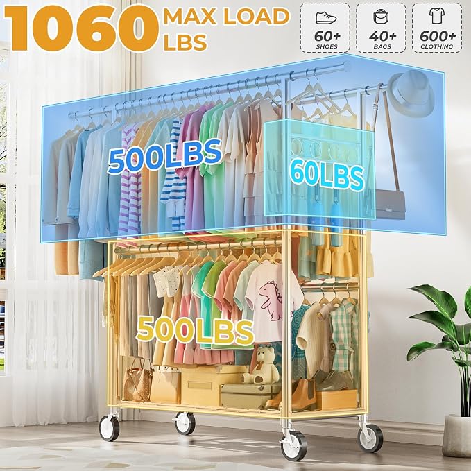Heavy Duty Clothes Rack Load 1060LBS, Four Rods Rolling Clothing Racks for Hanging Clothes, Rolling Garment Rack With Sturdy Wheels Shelves Hooks, Portable & Adjustable Commercial Garment Rack, Silver