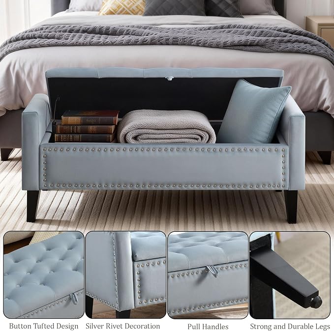 47in Velvet Storage Ottoman Bench with Arms, Upholstered Storage Bench with Wooden Legs, Storage Bench for Bedroom, Living Room, Entryway, Blue Grey