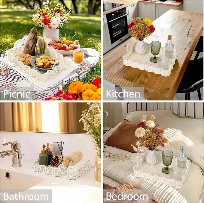 GRANNY SAYS Scalloped Edge Rectangle Serving Tray, Coffee Table Tray, Wicker Serving Trays with Handles, Decorative Tray for Coffee Table, Woven Tray, 15 ¾"×11 ½"×2 ¼", White