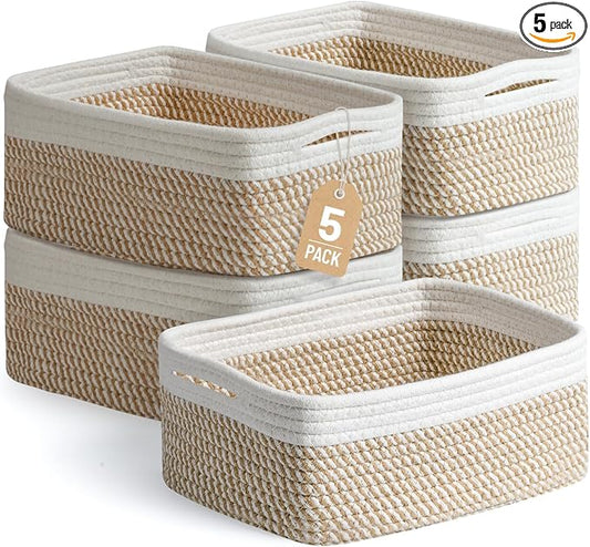 5 Pack Small Woven Storage Baskets for Shelves, Cotton Rope Baskets Organizer for Bathroom, Closet & Nursery, Decorative Storage Bins for Organizing Socks, Toys, 11.8"x7.9"x4.7", Khaki/White
