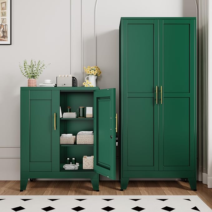 GAIOUS Green Metal File Cabinet with Lock(Two Units), Steel Storage Cabient | with 2 Doors and 2 Adjustable Shelves, Multifunctional Locked Cabinet for Home/Office/Garage/Tool Room, Accent Furniture