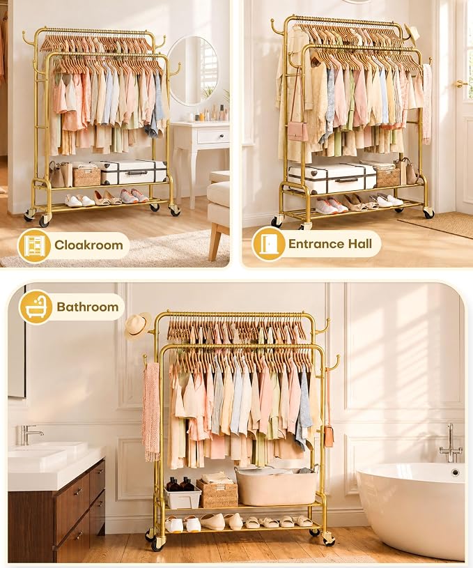 Homde Sturdy Garment Rack for Bedroom: 265 lbs Heavy Duty Clothes Organizer | 2 Hanging Rods Hold Coat to T-Shirt - Easy Roll & Park on Wheels - Metal Frame Stays Solid & Stable at Full Load