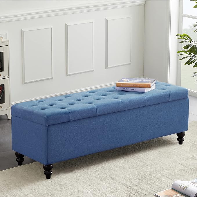 Storage Ottoman 50.2 Inches Upholstered Fabric Storage Ottoman Bench，Button Tufted Ottoman with Storage for Living Room，Bedroom End of Bed Bench Withstands 302lbs (Blue) | 47.2-inch storage ottoman with safety hinge, tufted upholstered seat and spaciou...