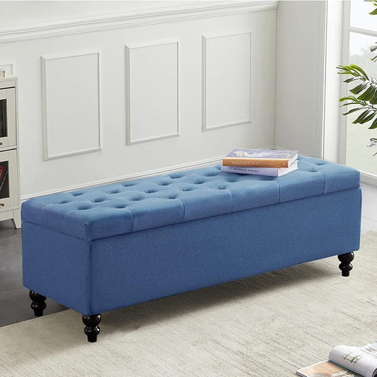 Storage Ottoman 50.2 Inches Upholstered Fabric Storage Ottoman Bench，Button Tufted Ottoman with Storage for Living Room，Bedroom End of Bed Bench Withstands 302lbs (Blue) | 47.2-inch storage ottoman with safety hinge, tufted upholstered seat and spaciou...