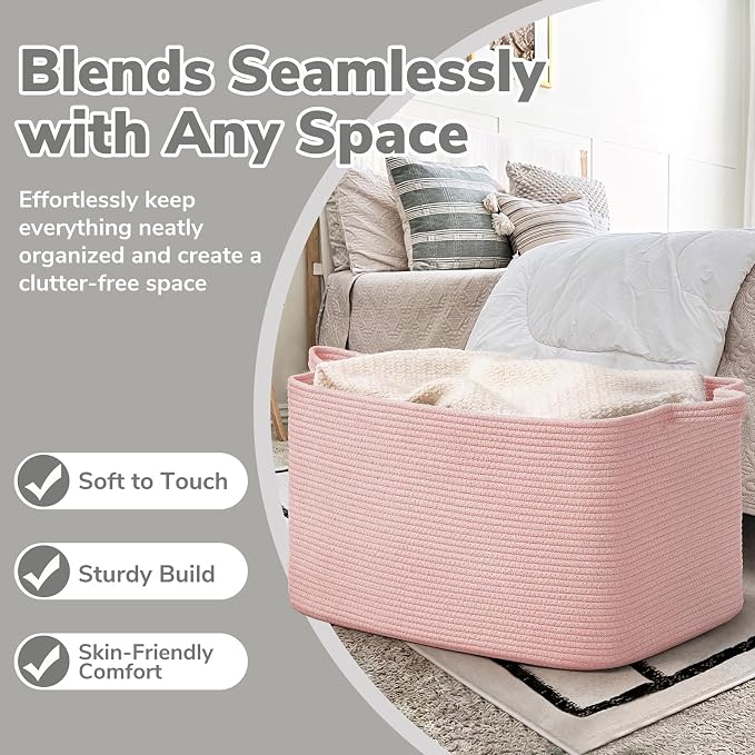 Goodpick Large Woven Storage Basket, Rectangle Toy Organizer, Pink | 21.6 x 14.9 x 11.8 in, Reinforced Handles, Living Room, Bedroom & Nursery Organization, Toys & Blankets Storage