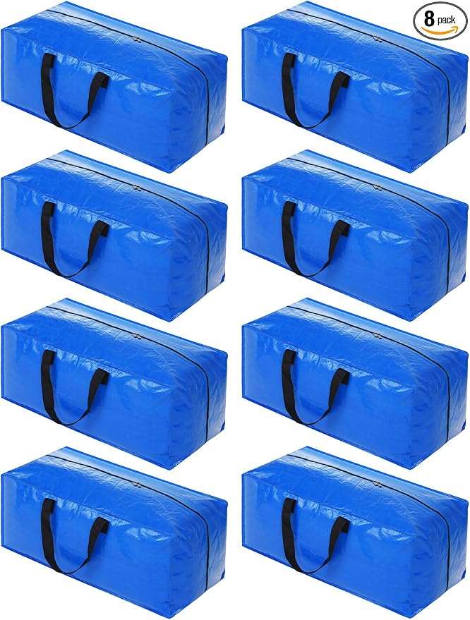 Heavy Duty Extra Large Blue Moving Bags with Strong Zipper Backpack Handles | 8 Pack Clothes Storage Bags Totes Space Saving Moving Boxes Bins Packing Bags for College Dorm Compatible with Ikea Frakta