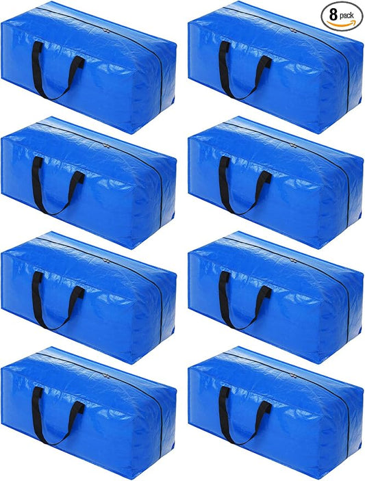 Heavy Duty Extra Large Blue Moving Bags with Strong Zipper Backpack Handles | 8 Pack Clothes Storage Bags Totes Space Saving Moving Boxes Bins Packing Bags for College Dorm Compatible with Ikea Frakta