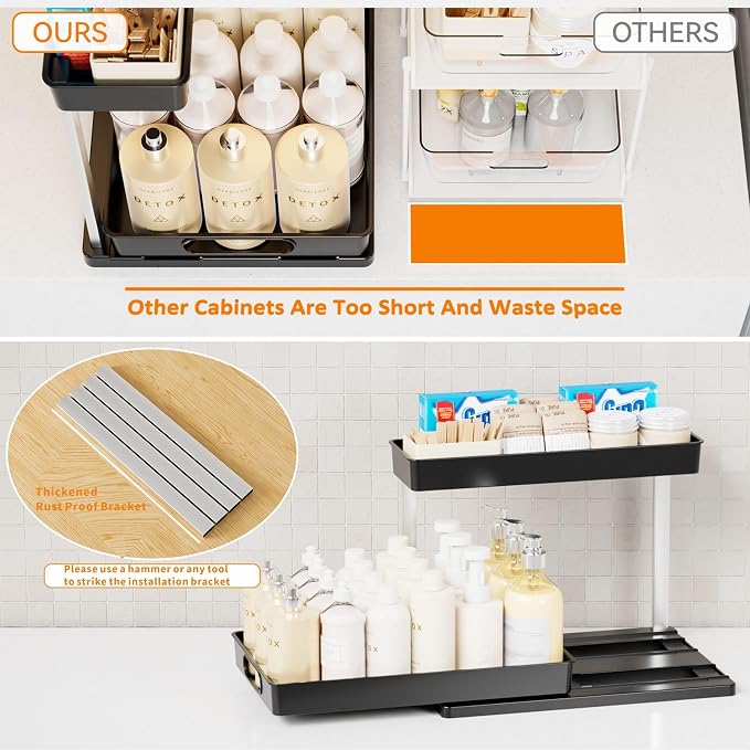 2 Pack 10.8″ High Pull Out Under Sink Organizer,14.5″ Deep 2 Tier Slide Out Cabinet Organizer for Kitchen Cabinet,Undersink Organizers,Under Sink Shelves,Bathroom Organizers and Storage,Black