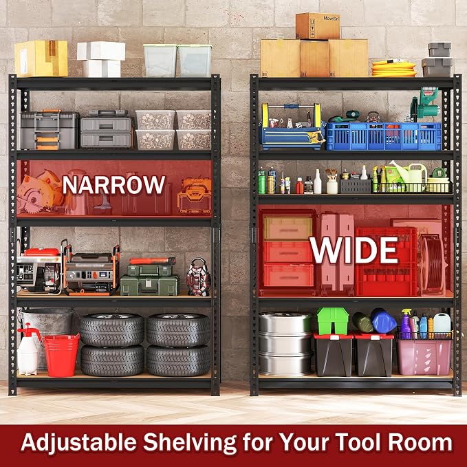72" H Heavy Duty Garage Shelving, 2400LBS Capacity 5-Tier Storage Shelves,Adjustable Industrial Metal Garage Shelves for Basement Pantry Kitchen Warehouse, 16" D x 36" Wx72 H,Black