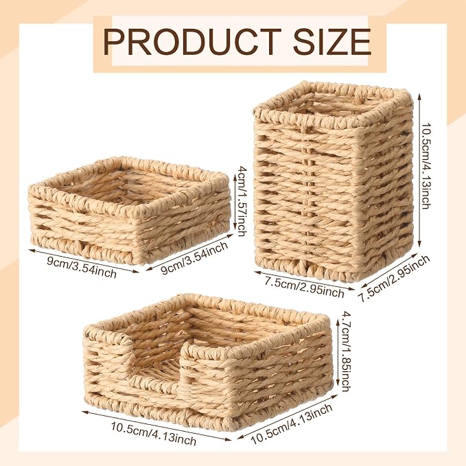 Khaki Paper Rope Woven Desk Organizer Set of 3 Natural Desktop Accessories Pencil Pen Cup Paper Clip Storage and Sticky Note Holder for Women Men Farmhouse Office Home Desktop Table Decor