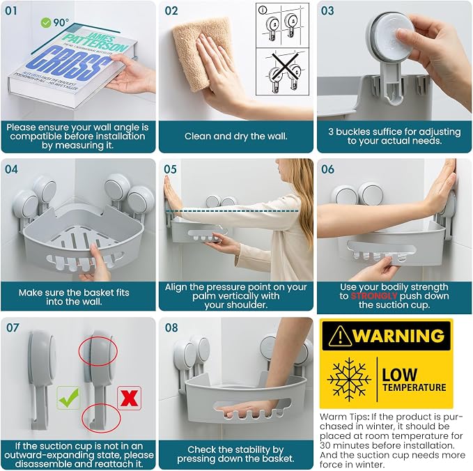TAILI Corner Shower Caddy Organizer, Plastic Shower Caddy Suction Cup, Grey | 2 Pack Shower Caddies, No Drill Shampoo Holder, Removable Shower Basket, Wall Mounted Organizers