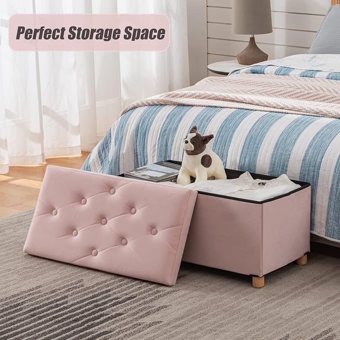 BRIAN & DANY 30 Inches Folding Storage Ottoman Bench, Ottoman with Storage for Living Room, with Wooden Feet and Lid, Pink
