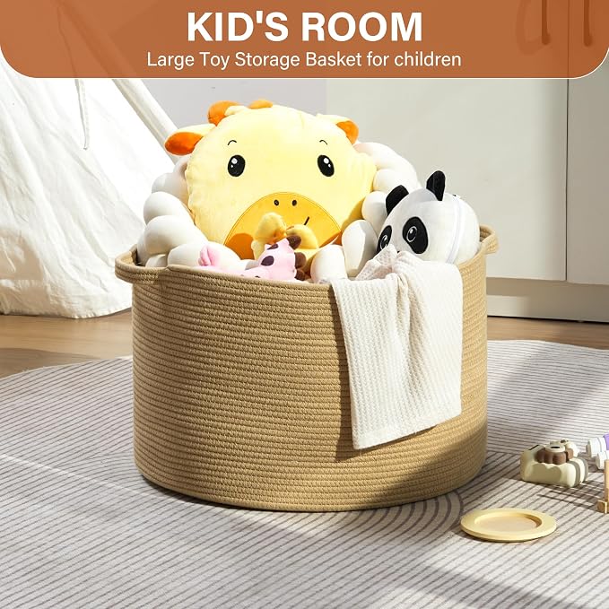 Foldable Laundry Hamper Basket with Collapsible Handle Cotton Rope Soft Woven Fabric Storage Organizer Clothes Toys Nursery Bedroom Dorm Space Saving Bin (Camel, 65L(19.7"D x 12.6"H))