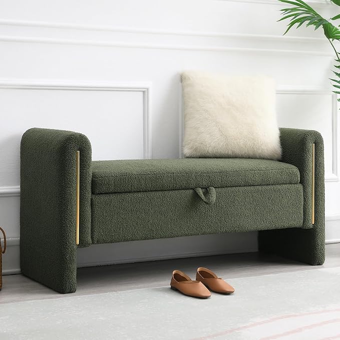 NIOIIKIT 52" Storage Ottoman Bench, Teddy Upholstered Storage Bench with Armrest, Entryway Bench with Pull-Ring, End of Bed Bench, Window Bench for Living Room (Olive Green)