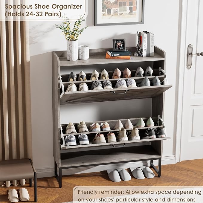 Nicetree Shoe Storage Cabinet with 2 Flip Drawers, Entryway Organizer, Gray | Slim Shoe Cabinet with Metal Legs, Narrow Farmhouse Shoe Organizer for Entryway, Foyer, Hallway, Wood Shoe Rack with Hook