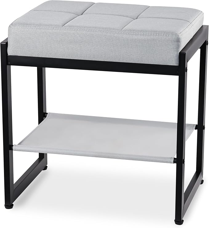 Vanity Stool, Vanity Chair Stools with a Lower Storage Shelf, Square Linen Upholstered Ottoman Bench for Bedroom, Living Room, Small Modern Metal Legs Makeup Chairs, Grey&Black