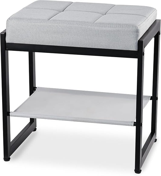Vanity Stool, Vanity Chair Stools with a Lower Storage Shelf, Square Linen Upholstered Ottoman Bench for Bedroom, Living Room, Small Modern Metal Legs Makeup Chairs, Grey&Black