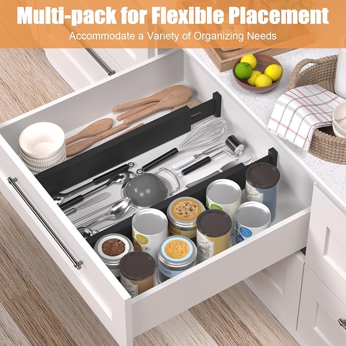 Bamboo Drawer Dividers, Adjustable Drawer Organizers, Fits 17.6–21" Drawers | 2.5" High, 8 Pack Expandable Drawer Separators for Kitchen, Nursery, Dressers & Office Storage, Black