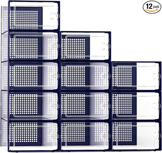 Kuject X-Large Shoe Storage Boxes 12 Pack, Clear Stackable Shoe Organizer | Shoe Case for Closet, Entryway & Under-Bed Storage, Drop-Front Design, Space-Saving Solution for Family Organization,Blue