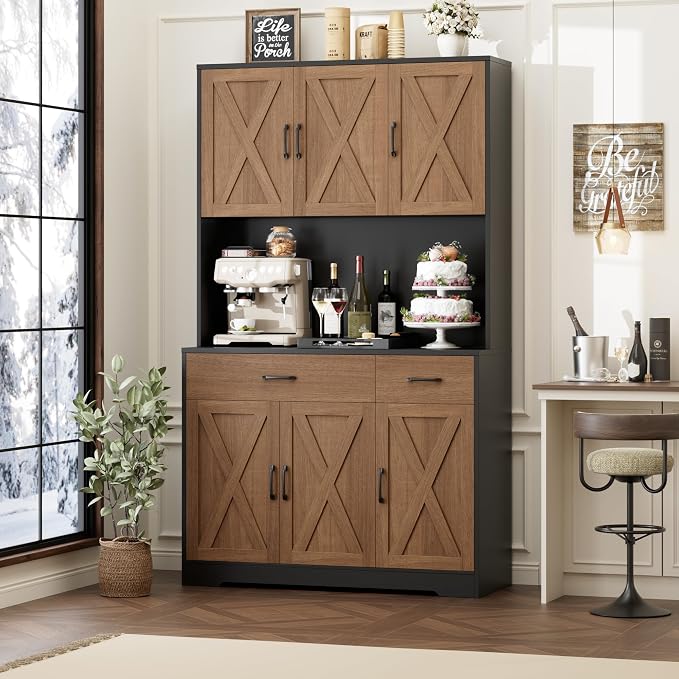 HOSTACK 71" Pantry Cabinet with Charging Station, Tall Kitchen Pantry Storage Cabinet with Microwave Stand, Farmhouse Kitchen Hutch with Storage Drawers for Living Room, Dining Room, Brown/Black