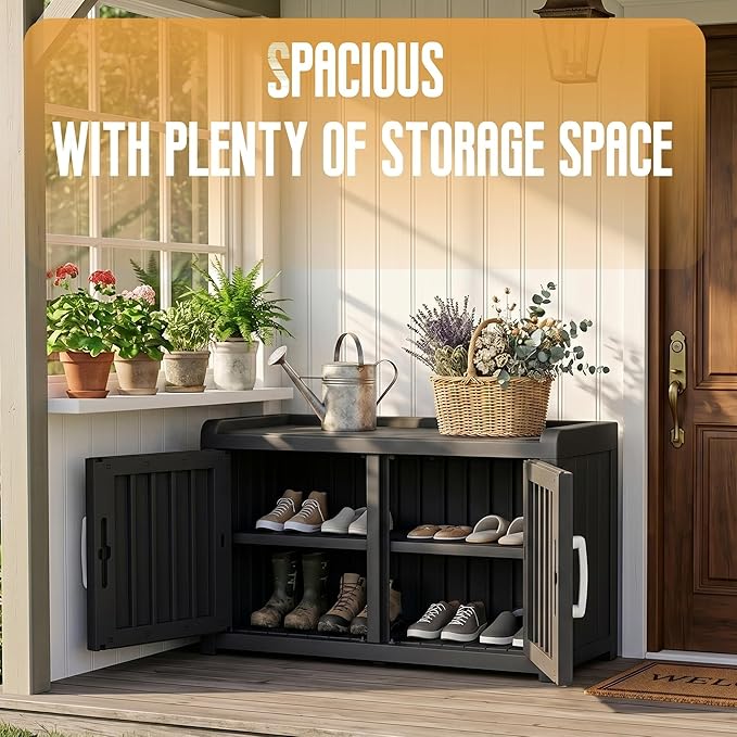 ROJIK Outdoor Shoe Storage Bench, Shoe Cabinet Double Door, Black | Waterproof UV-Resistant,Storage Bench Indoor Outdoor with Adjustable Shelves,for Entryway Bedroom,Hallway,Living Room