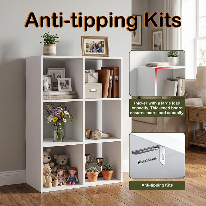WannabeMyself【Sturdy Build&Easy Assembly】 6 Cube Storage Organizer with Anti-Tipping Kits,Reversible Open Back Book Shelf, Bookcase for Living Room,Bedroom,Entrance Hall,Office,24.1×11.4×35.9,White