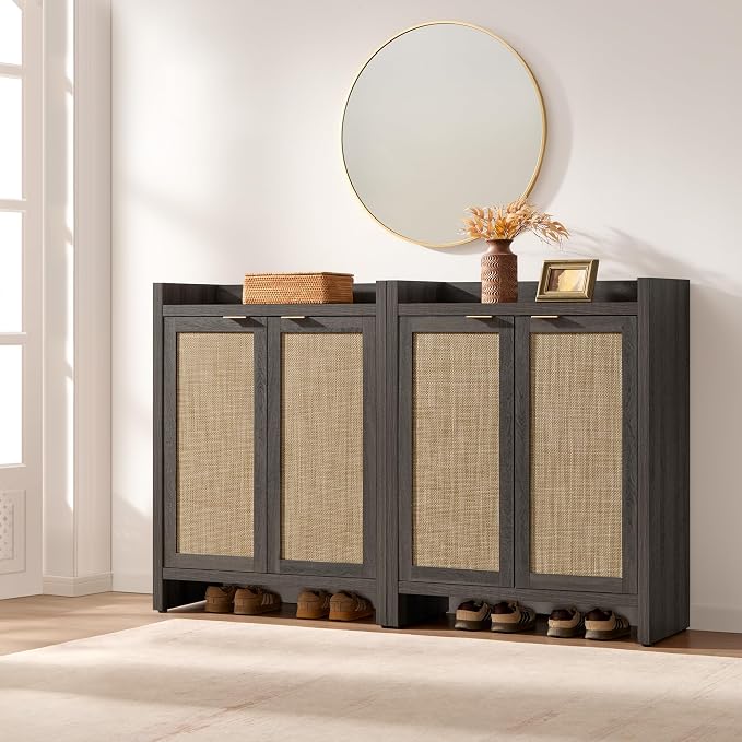 SICOTAS Shoe Cabinet Set of 2 Large Capacity Shoe Storage Organizer Cabinet | Tall Rattan Shoe Cabinet with Doors and Shelves, 6-Tier Farmhouse Boho Wooden Storage Cabinet for Entryway, Black Oak