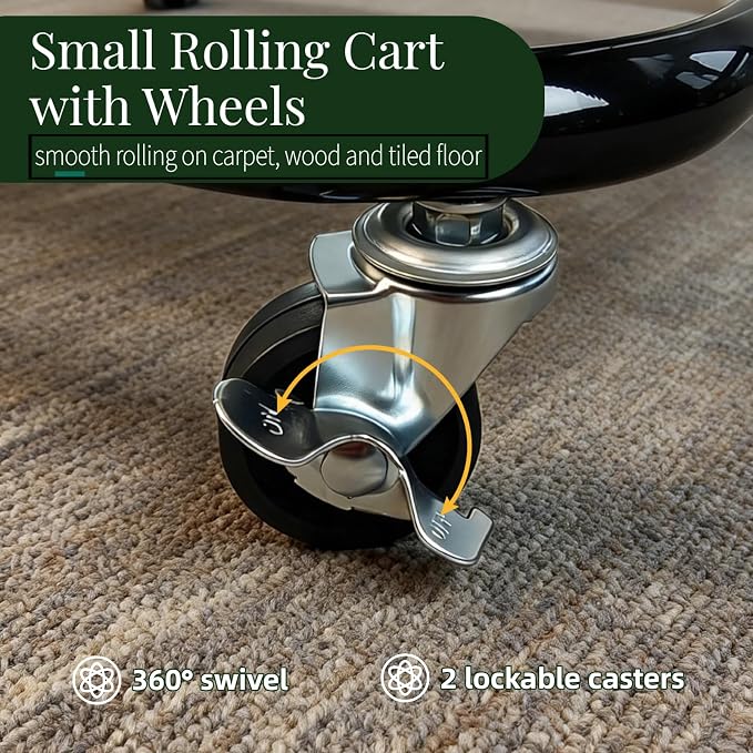 2 Tier Cart with Wheels Heavy Duty Metal Rolling Storage Cart for Under Desk Storage, Short Small Utility Shelf for Pantry Kitchen Bathroom Laundry, Home Organizer with Large Basket, Black