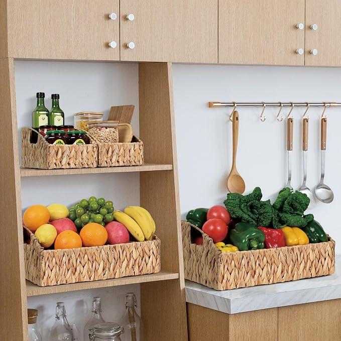 Pantry Baskets for Organizing, Wicker Basket Shelf Storage | Handwoven Pantry Organizers and Storage with Built-in Handles, Laundryroom Organization Storage Bins for Snack Cans