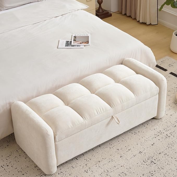Oversized Ottoman Bench with Storage, Chenille Beige | Oversized Storage Bench，Ottoman Foot Rest