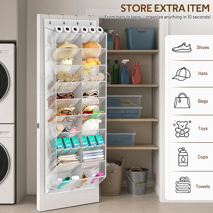 MISSLO 30 Pairs Over the Door Shoe Organizer Breathable Mesh Hanging Shoe Rack for Closet Storage with Wide Deep Pockets 10 Tier Shoes Holder Fit All the Family's Sneakers, Boots, Heels (White, 71")
