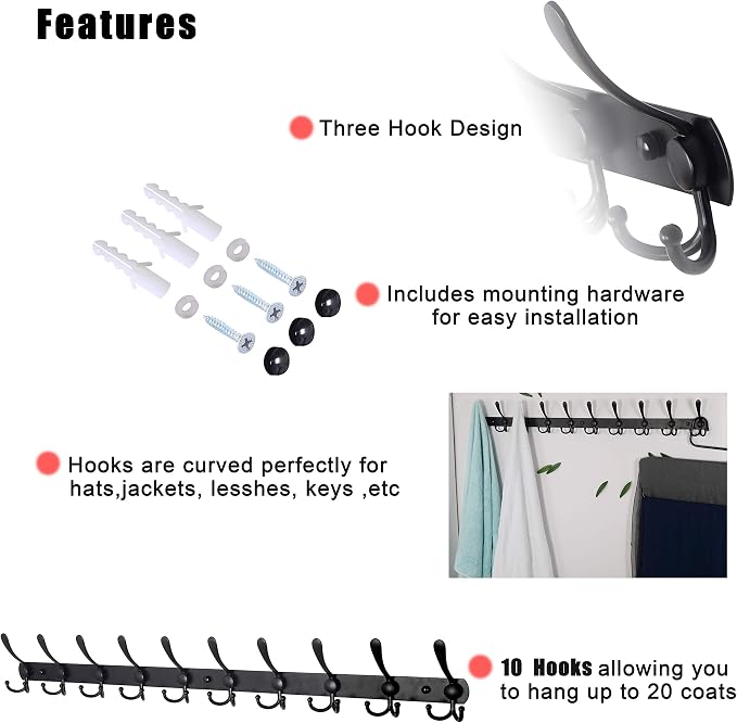 Dseap Coat Rack Wall Mount - 38” Long 10-Tri-Hooks Heavy Duty Coat Hanger Rail Wall Hooks for Hanging Coats Hats Clothing Clothes Purse Mudroom Entryway, Black