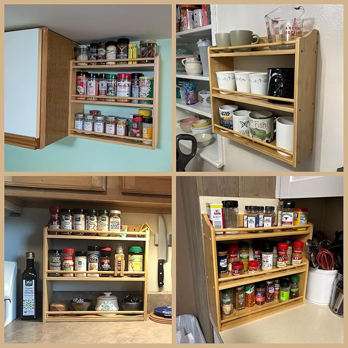3 Tier Bamboo Spice Rack Wall Mount or Countertop,Spice Organizer | Seasoning Jars Rack Spice Shelf Organizer for Kitchen Counter or Wall Mounting