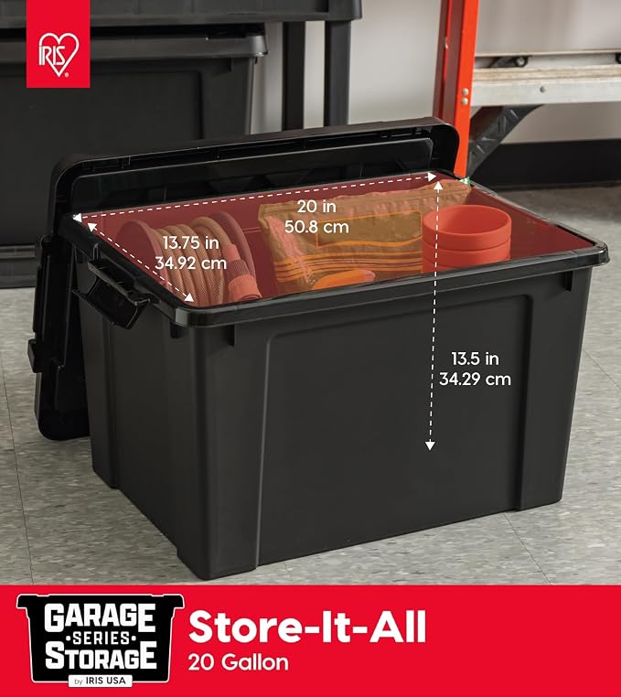 IRIS USA 6-Pack 20 Gal Heavy Duty Lockable Storage Totes with Lids, Black | Perfect for moving, garage organization, outdoor equipment and jobsite storage, Designed for dependable everyday use