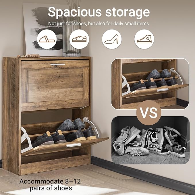Haotian Shoe Cabinet Storage for Entryway | Narrow Shoe Cabinet with Two Flip Drawers to Save Space, Shoe Rack Cabinet for Front Door Entrance Hallway (Nature)